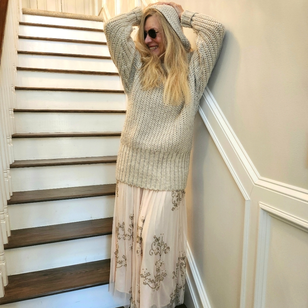 H&M Pro Cleaned Beige Hooded Long Cable Knit Alpaca Blend Sweater, Medium, $30